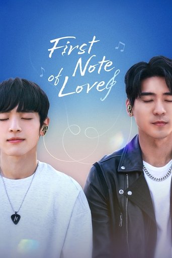 The poster features two young men with serene expressions against a soft gradient blue background. The title "First of Note Love" is elegantly written in white cursive, accompanied by delicate musical notes and a subtle heart motif. The overall mood is romantic and dreamy, evoking feelings of con...