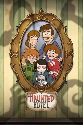 The poster features a group of animated characters in a spooky, eerie atmosphere. The characters are dressed in colorful, period-appropriate costumes, creating a vivid contrast against the muted, sepia-toned background. The ornate gold frame adds a magical, haunted feel to the image, while the ti...