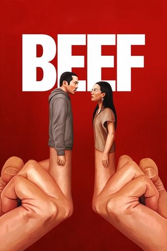 The poster features two characters standing between two giant fists, suggesting a tense or dramatic moment. The bold red background and large white letters "BEEF" create a striking visual impact. The mood appears intense and dramatic, hinting at a compelling story involving conflict or confrontat...