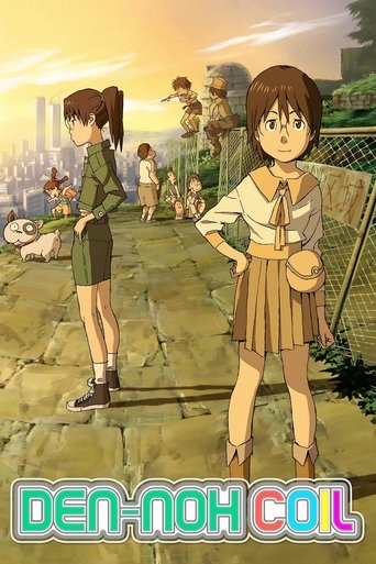 The poster features a vibrant scene with two main characters standing on a stone path, one with a confident pose and the other with a more contemplative stance. The background reveals a lively cityscape under a warm sunset, suggesting a bustling yet hopeful atmosphere. The colorful title text at ...