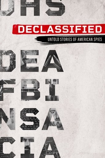 The poster features bold, distressed typography with the title "Declassified" in red and "Untold Stories of American Spies" in black. The muted, textured background evokes a sense of mystery and intrigue, while the fragmented letters suggest hidden narratives. The overall mood is suspenseful and ...