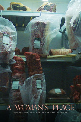 The poster features a dimly lit butcher shop scene with shelves stocked with various meats and sausages, creating a gritty atmosphere. The muted colors and shadowy tones evoke a sense of realism and authenticity, while the title "A Woman's Place" suggests a story about everyday life and human con...