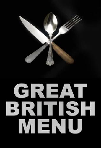 The poster features a dramatic black background with a silver fork and knife crossed over a spoon, evoking a classic dining atmosphere. Bold white text announces "Great British Menu," suggesting an engaging culinary challenge or competition. The overall mood is mysterious yet inviting, hinting at...