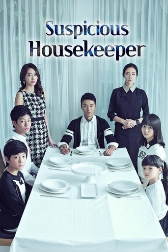 The poster features a group of children dressed in formal attire, including black suits and dresses, arranged around a white table set for a meal. The mood is serious and slightly ominous, with the title "Suspicious Housekeeper" prominently displayed in bold blue letters. The overall composition ...