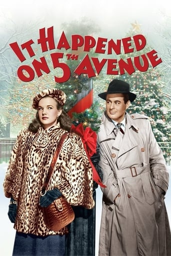 The poster features two characters in a festive winter scene, with a woman in a leopard-print coat and a man in a trench coat. The warm tones of the coat and the red holiday decorations create a cozy, nostalgic atmosphere. The title "It Happened on Fifth Avenue" is prominently displayed in bold r...