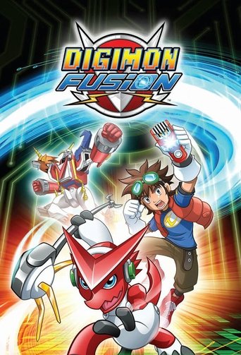 The poster features a dynamic scene with two Digimon characters in motion against a swirling vortex of blue and orange hues. The vibrant colors evoke energy and excitement, while the characters' energetic poses suggest action and adventure. The overall mood is one of thrilling competition and unity.