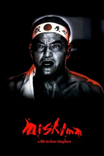 The poster features a somber, intense portrait of a man with a determined expression, wearing a white headband with red text. The background is dark, emphasizing the dramatic and gritty atmosphere. The title "Mishima" is written in bold red letters, and the subtitle "A Life in Four Chapters" appe...