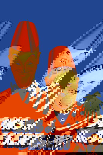 The poster features two animated characters in vibrant orange outfits against a deep blue background, exuding a cheerful and adventurous mood. The title "Sons of the Desert" is prominently displayed in bold white letters, suggesting themes of exploration and camaraderie.