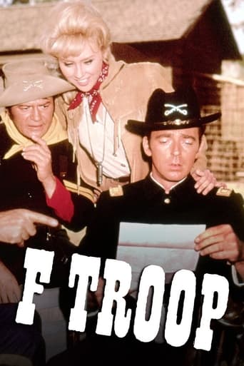 The poster features three characters in a vintage military setting, with warm tones and a nostalgic atmosphere. The central figure holds a document, suggesting a serious mission, while the others look on with concern. The bold text "F TROOP" anchors the image, emphasizing the show's gritty, histo...