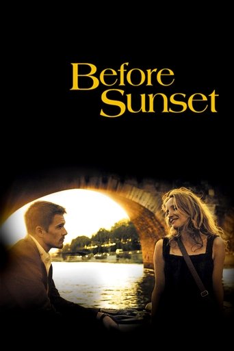 The poster features a romantic couple standing by a serene river, framed by a warm sunset glow. The golden title text contrasts with the dark background, evoking a nostalgic and hopeful mood.