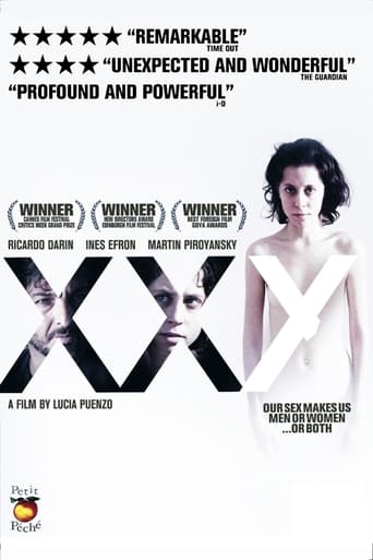 The poster features a striking black-and-white image of two women with crossed arms, evoking mystery and tension. The title "XXY" is prominently displayed in bold, white letters against a stark background. The film's cast is highlighted with laurel wreaths, suggesting critical acclaim. The overal...