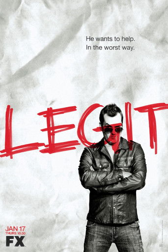 The poster features a gritty, urban scene with a man in a leather jacket and sunglasses standing against a textured, white background. The bold red "LEGIT" text dominates the foreground, while the tagline "He wants to help. In the wrong way." adds intrigue. The overall mood is dark and mysterious...