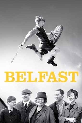 This black-and-white poster captures a classic noir aesthetic with a striking silhouette of a man in mid-air, holding a baton above the title "BELFAST" in bold yellow letters. Below, four men in period attire stand confidently, exuding a mix of mystery and camaraderie. The composition evokes a ti...