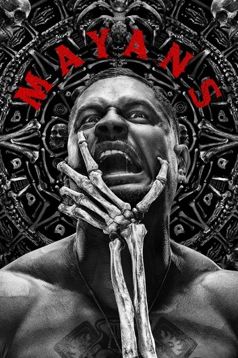 The poster features a muscular man with a skeletal hand raised in a menacing pose, surrounded by intricate Mayan-inspired patterns. The monochromatic design emphasizes the stark contrast between the dark tones and the vibrant red text. The mood is intense and ominous, capturing the essence of a p...