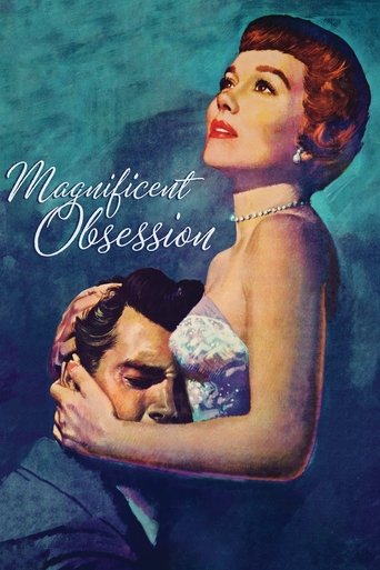 This vintage poster features a woman in a blue dress embracing a man in a suit, creating an intimate and romantic atmosphere. The artwork uses rich blues and warm tones to evoke a sense of passion and longing.