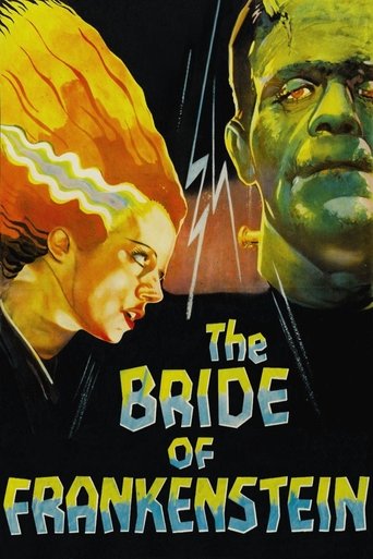 The poster features a dramatic scene with a woman in a fiery orange dress and a green-skinned monster looming behind her. The title "The Bride of Frankenstein" is prominently displayed in bold, glowing letters. The overall mood is intense and mysterious, with a sense of horror and intrigue.