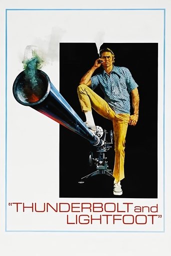 The poster features a man in a blue shirt and yellow pants holding a megaphone, with smoke rising from it. The bold red text at the bottom reads "THUNDERBOLT and LIGHTFOOT." The overall mood is dramatic and energetic, capturing the essence of the film.