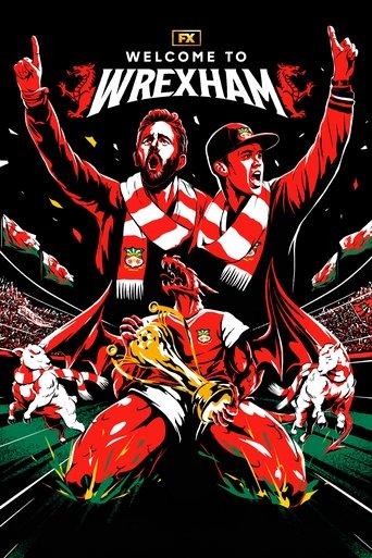 The poster features two jubilant Wrexham fans celebrating with arms raised, their red and white jerseys gleaming under dramatic lighting. In the foreground, a player in a red jersey leans forward, clutching a golden trophy, symbolizing victory. The background is filled with cheering crowds and dy...
