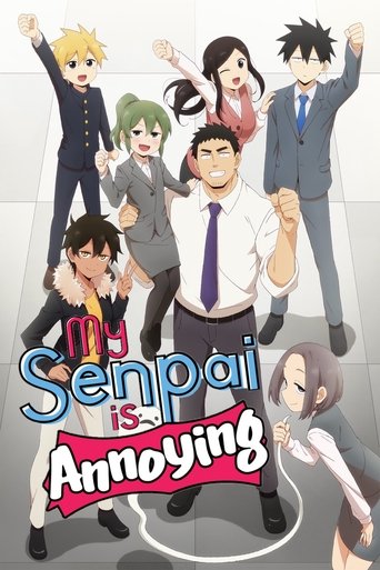 This anime poster features a group of seven animated characters in a casual, relaxed setting. The characters are dressed in formal attire, suggesting a professional yet friendly environment. The poster uses vibrant colors and playful fonts to create an engaging and lively atmosphere. The overall ...
