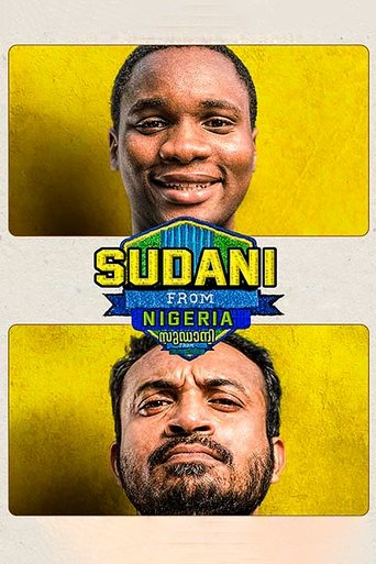 The poster features two Nigerian faces against a vibrant yellow background, with the title "SUDANI FROM NIGERIA" prominently displayed in bold blue and gold letters. The warm, energetic colors evoke a sense of pride and excitement, capturing the spirit of the film.
