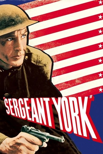 The poster features a gritty, realistic depiction of a soldier in a helmet, holding a revolver against a backdrop of American flag stripes and stars. The bold, red and white text "SERGEANT YORK" dominates the lower portion, conveying a sense of urgency and patriotism. The overall mood is intense ...