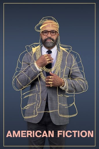 The poster features a man in traditional Indian attire, including a turban and beard, holding a microphone. The background is a deep blue, and the text "AMERICAN FICTION" appears at the bottom in bold, red letters. The overall mood is mysterious and intriguing, suggesting a blend of cultural heri...