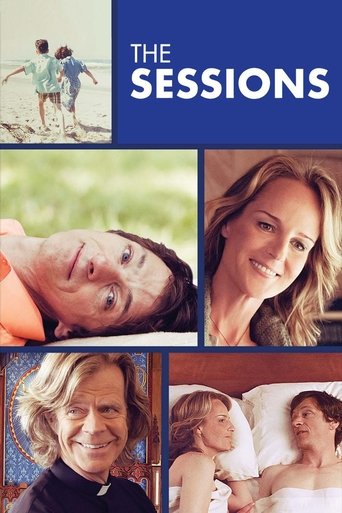 The Sessions poster features a collage of four images: a beach scene, a woman's face, another woman smiling, and a couple in bed. The colors are warm and inviting, with earthy tones and soft lighting that evoke a sense of intimacy and connection. The mood is gentle and reflective, suggesting them...