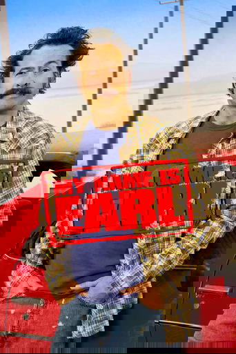 The poster features a man with a mustache and plaid shirt standing beside a red car on a sunny beach. The bold red stamp reads "MY NAME IS EARL" in large letters, creating a humorous and casual vibe. The bright colors and relaxed atmosphere suggest a lighthearted and fun TV show.