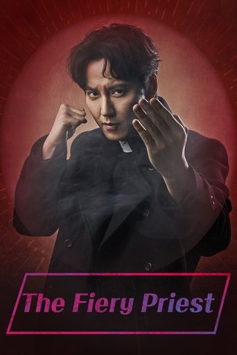 The poster features a man in a dark suit against a dramatic red background, exuding mystery and intensity. His hand gestures suggest a powerful, perhaps dramatic performance. The title "The Fiery Priest" is prominently displayed at the bottom, hinting at a supernatural or intense storyline.