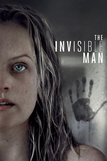 The poster features a close-up of a woman with wet, disheveled hair and pale skin, her eyes wide with an unsettling expression. The title "The Invisible Man" is prominently displayed in stark white text against a dark, ominous background. A faint, ghostly handprint appears behind her, adding to t...