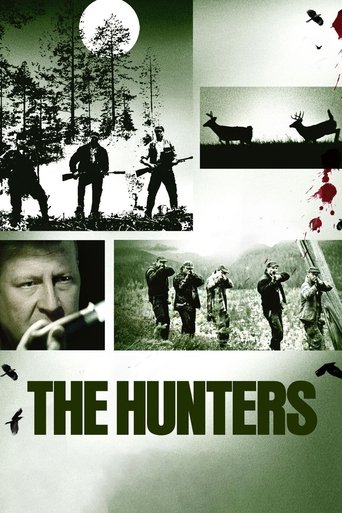 The poster features a collage of black-and-white images depicting hunters in various settings, including snowy landscapes and wooded areas. The title "THE HUNTERS" is prominently displayed in bold green letters at the bottom. The overall mood is mysterious and adventurous, with a hint of danger s...