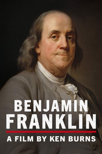 This poster features a classic portrait of Benjamin Franklin against a dark background, with bold white text overlaying the image. The muted colors and formal attire evoke a sense of historical gravitas and intellectual depth, suggesting a serious and engaging narrative about the man.