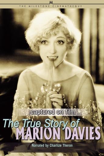 The vintage poster features a glamorous woman with blonde hair, holding a glass, against a sepia-toned background. The title "Captured on Film" is prominently displayed in bold purple text, while "The True Story of Marion Davies" appears below in white. The overall mood evokes nostalgia and histo...
