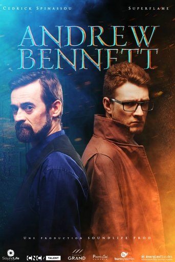 The poster features two men in a dramatic, moody atmosphere. One man with a beard wears a dark blue shirt, while the other sports glasses and a brown jacket. The background blends deep blues and warm oranges, creating an intense and mysterious mood. The title "Andrew Bennett" is prominently displ...