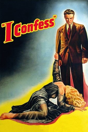 The poster features a dramatic scene with a man in a brown suit standing over a woman in a black dress, who is lying on the ground. The background is dark with a yellow floor, and the title "I Confess" is prominently displayed in bold red letters. The mood is intense and suspenseful, suggesting a...