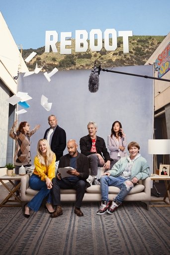 The poster features a group of diverse people sitting on a modern sofa against a backdrop of a bright, sunny outdoor setting. The vibrant colors of the scene contrast with the cool, monochromatic tones of the TV set, creating a visually striking composition. The mood is optimistic and welcoming, ...