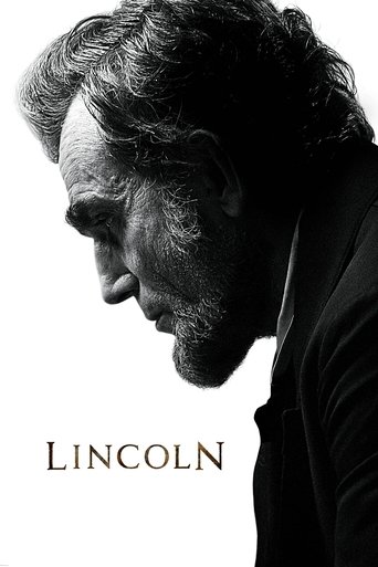 A dramatic black-and-white portrait of a man with a beard, his face in profile against a stark white background. The word "LINCOLN" is elegantly placed at the bottom. The mood is somber and reflective, evoking themes of history and personal struggle.
