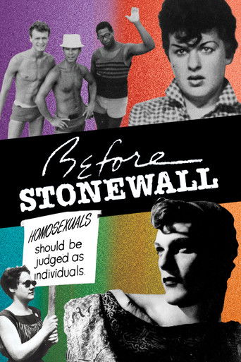 This vibrant poster features a collage of iconic figures from the 1960s, including Stonewall participants and activists. The bold black and white text "Before Stonewall" anchors the composition, while colorful backgrounds evoke the era's energy and passion. The mood is one of historical significa...