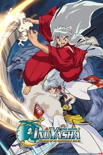 The poster features Inuyasha in a dynamic pose, wielding a sword with a determined expression. The red robe contrasts sharply with the blue background, creating a striking visual. The mood is intense and action-packed, capturing the essence of the original manga.