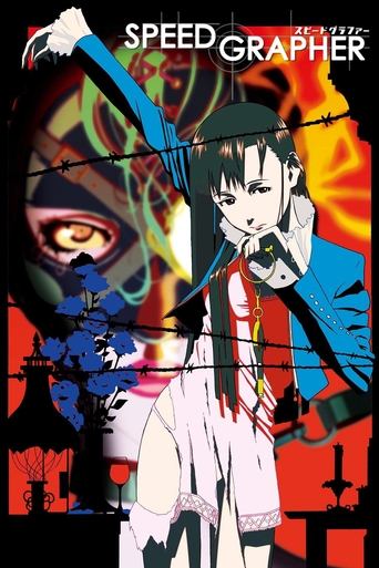 The poster features a dramatic anime-style scene with a central figure in a white outfit, surrounded by vibrant red and blue hues. The background is filled with abstract, colorful shapes and a mysterious eye, creating an intense and mysterious atmosphere. The bold title "SPEED GRAPHER" dominates ...