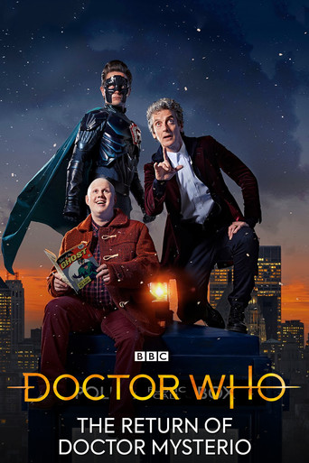 The poster features three iconic characters from the show—Doctor, Clara, and the mysterious Doctor Mysterio—standing against a starry night sky with a cityscape in the background. The warm orange glow from the lantern adds a magical atmosphere, while the dark blue tones of the sky create a myster...