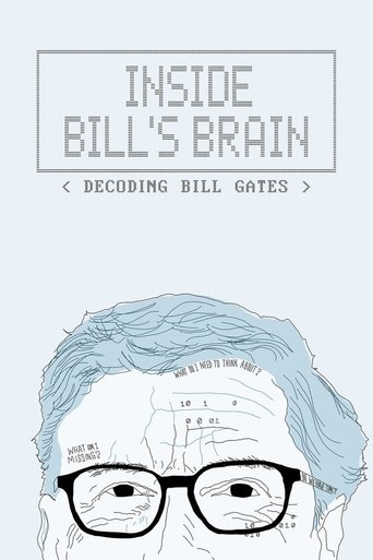 This poster features a stylized illustration of Bill Gates with his signature glasses, set against a minimalist gray background. The muted blue hair and sketchy facial lines evoke a contemplative, intellectual mood, suggesting the show's exploration of his mind and legacy.