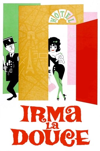 The poster features a charming illustration of a woman in a black dress and green heels, exuding elegance against a backdrop of vibrant colors. A man in a black suit stands on the left, while a woman in a white dress appears on the right. The title "IRMA LA DOUCE" is prominently displayed in bold...