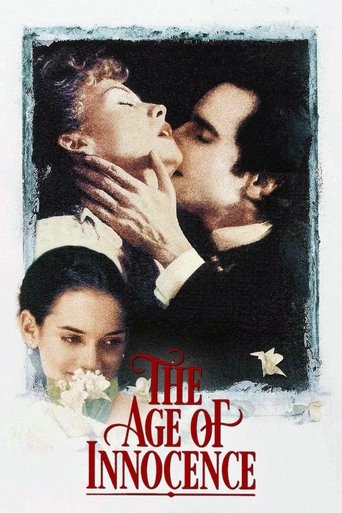 The poster features a romantic couple in a close embrace, with one woman gently holding the man's face. The warm tones of the image evoke a sense of intimacy and nostalgia, while the red text "The Age of Innocence" stands out against the soft background. The overall mood is one of timeless romanc...