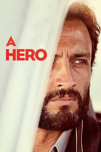 The poster features a rugged man with a beard peeking through a white curtain, evoking mystery and tension. The bold red text "A HERO" stands out against the muted tones, suggesting a dramatic and intense narrative.