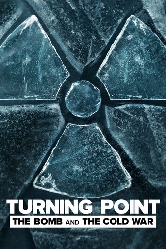 The poster features a striking, icy nuclear symbol against a dark, textured background. The cold blue tones evoke a sense of danger and historical weight, while the bold white text emphasizes the show's title. The overall mood is serious and evocative of the Cold War era.