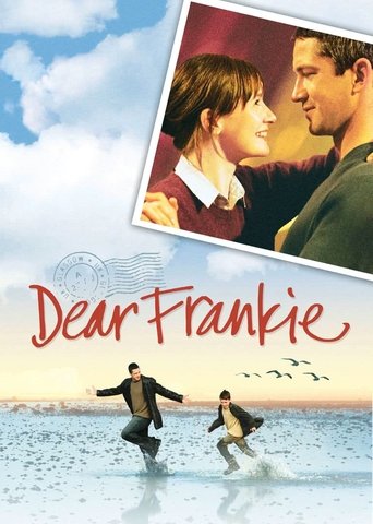 This movie poster features a romantic scene of a man and woman sharing an intimate moment, with a warm sunset backdrop. The title "Dear Frankie" is elegantly written in red script, evoking a nostalgic and heartfelt atmosphere. The overall mood is one of love and connection, set against a serene c...