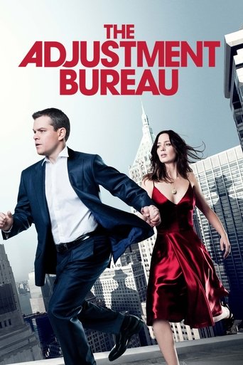 The Adjustment Bureau poster features two characters running through a cityscape, with a man in a sharp suit and a woman in a flowing red dress. The vibrant red and blue colors create a dynamic and energetic mood, while the urban background adds to the sense of urgency and action.