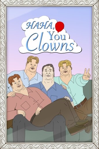The poster features four animated clowns lounging on a couch, exuding a playful and relaxed vibe. Their colorful outfits and expressive faces capture the whimsical spirit of the show. The soft pastel background complements the lively characters, creating an inviting atmosphere for viewers.
