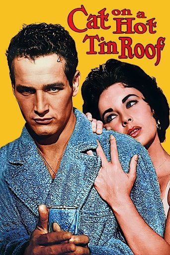 The poster features a man in a denim shirt holding a glass, with a woman in a white dress leaning against him. The background is a bright yellow, and the title "Cat on a Hot Tin Roof" is written in red. The mood is dramatic and romantic.